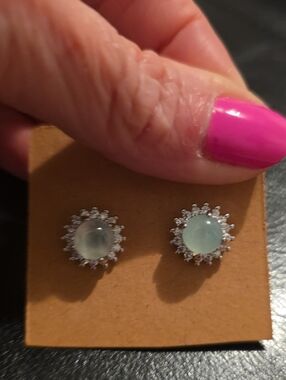 Elegant Silver Aqua Blue Jade Halo Stud Earrings.